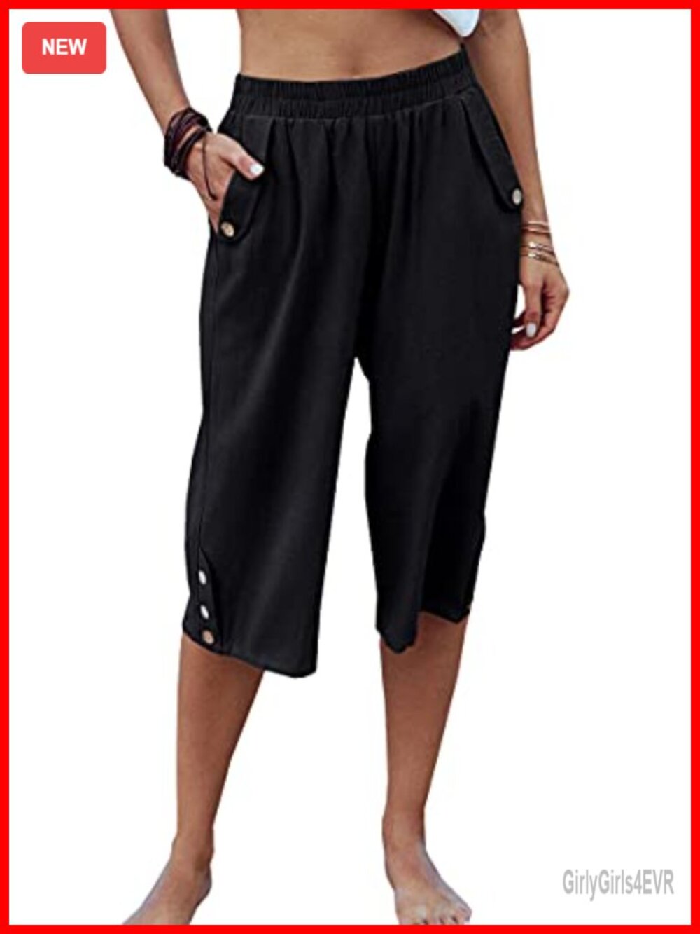 Women's Elastic Waist 3/4 Capri Harem Pants with Pockets Casual Loose Solid